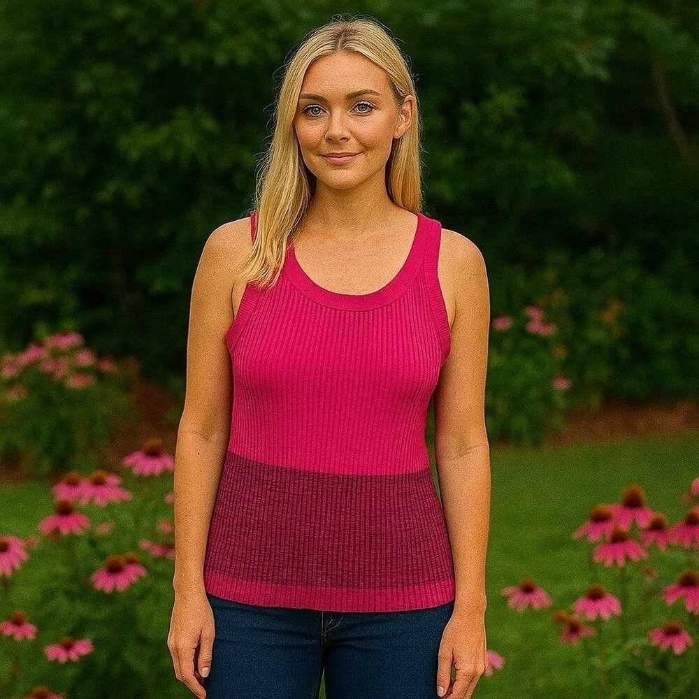 Anthropologie Pink Colorblock Ribbed Tank Summer Coastal Feminine Dainty S‎